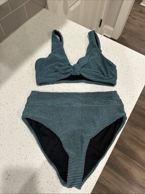 Textured Knot Front High-Waist Bikini Set - Teal